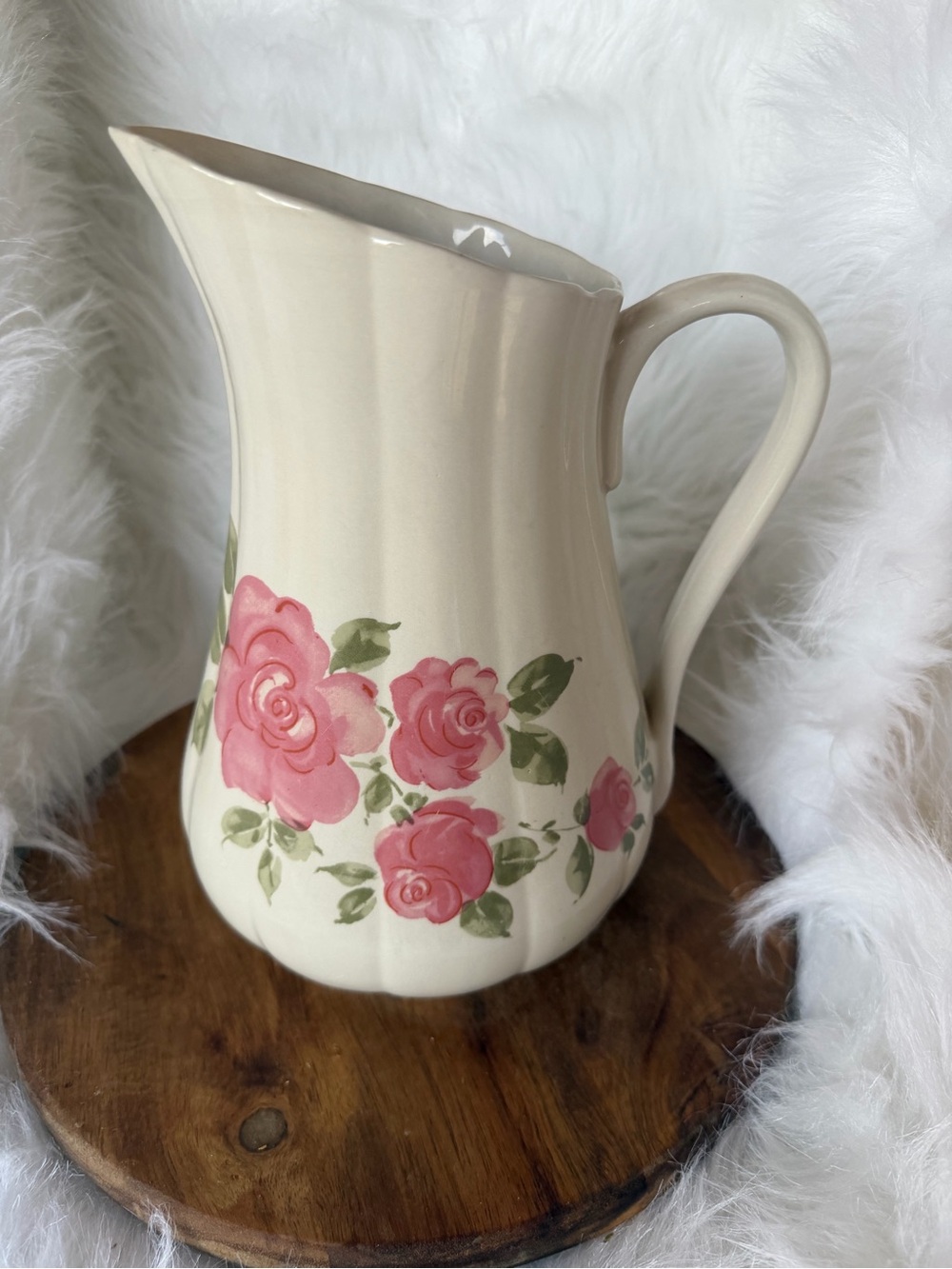Gibson Cream Ceramic Pitcher with Subtle Scalloped Rim